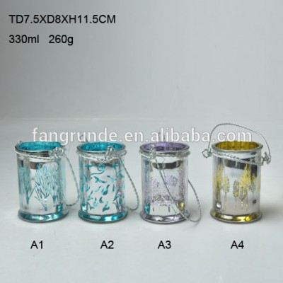 330ml upscale beautiful decal Glass Storage Jar with metal wire handle