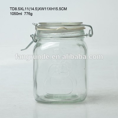 1050ml square shape regular mouth Glass Storage Jar with glass lid