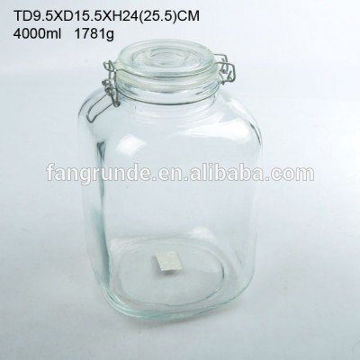 4L square shape unique crystal smooth Glass Storage Jar with glass lid & clip